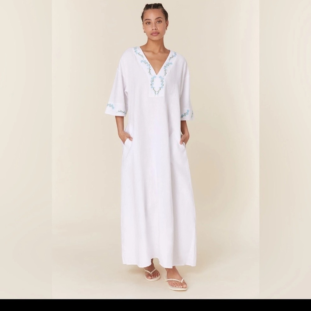 Fanm Mon White Maxi Dress with Blue Embroidery